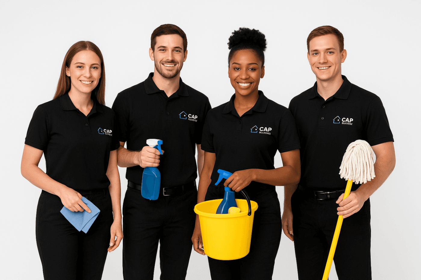 Team smiling with cleaning tools